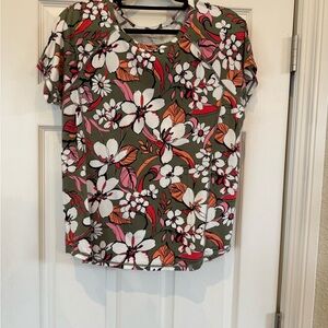 Talbots Olive Floral Short Sleeve Tee with White, Pink & Orange Blooms